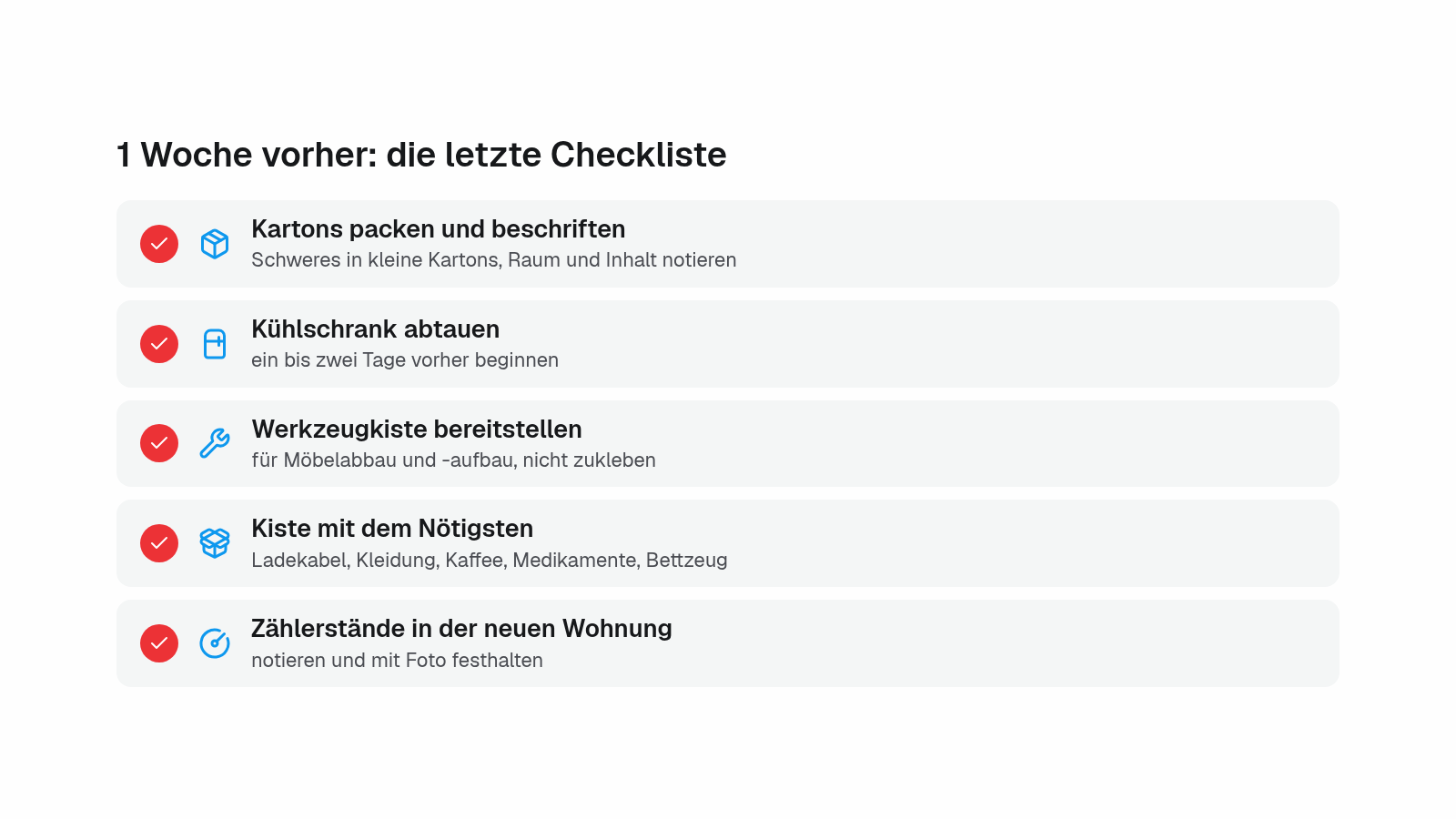 Checkliste für die letzte Woche vor dem Umzug: Kartons packen, Kühlschrank abtauen, Werkzeugkiste, Zählerstände